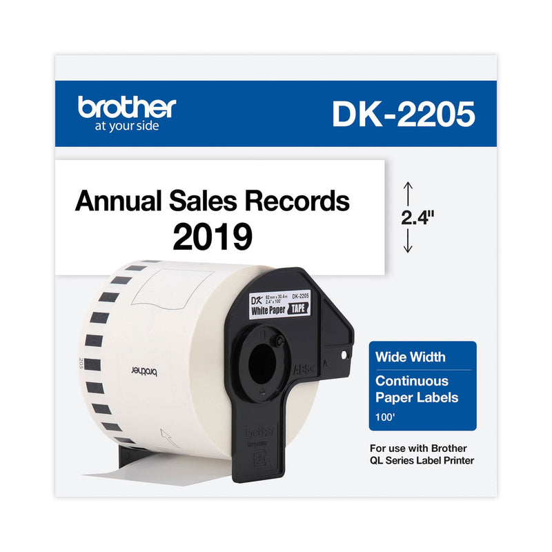 Brother Continuous Paper Label Tape, 2.4" x 100 ft Roll, White (BRTDK2205)