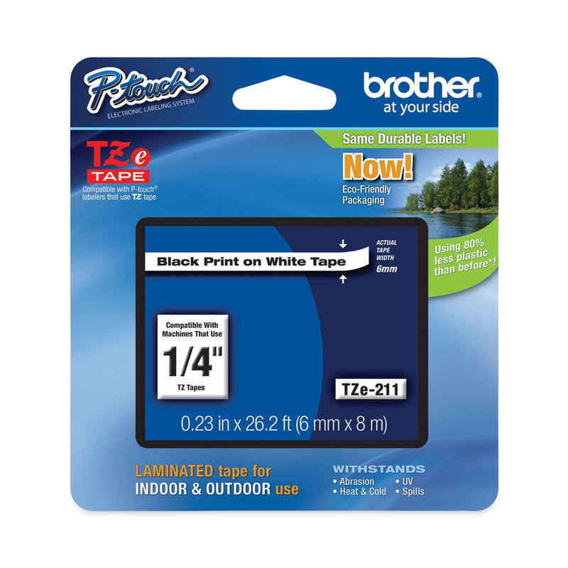 Brother TZe Standard Adhesive Laminated Labeling Tape, 0.23" x 26.2 ft, Black on White (BRTTZE211)