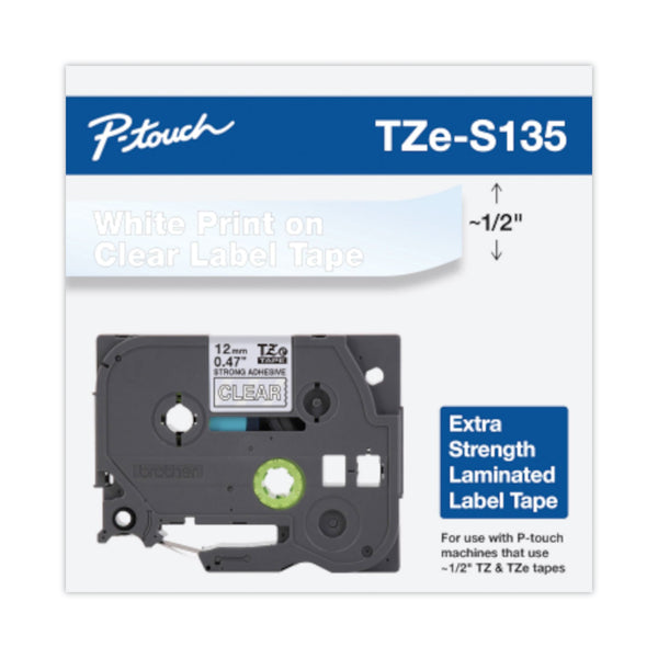 Brother TZ Extra Strength Adhesive Tapes Laminated, White on Clear, 1/2&quot;W (BRTTZS135)