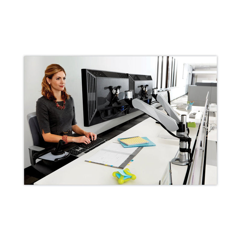 3M™ Easy-Adjust Desk Dual Arm Mount for 27" Monitors, 360 deg Rotation, +90/-15 deg Tilt, 360 deg Pan, Silver, Supports 20 lb (MMMMA265S)