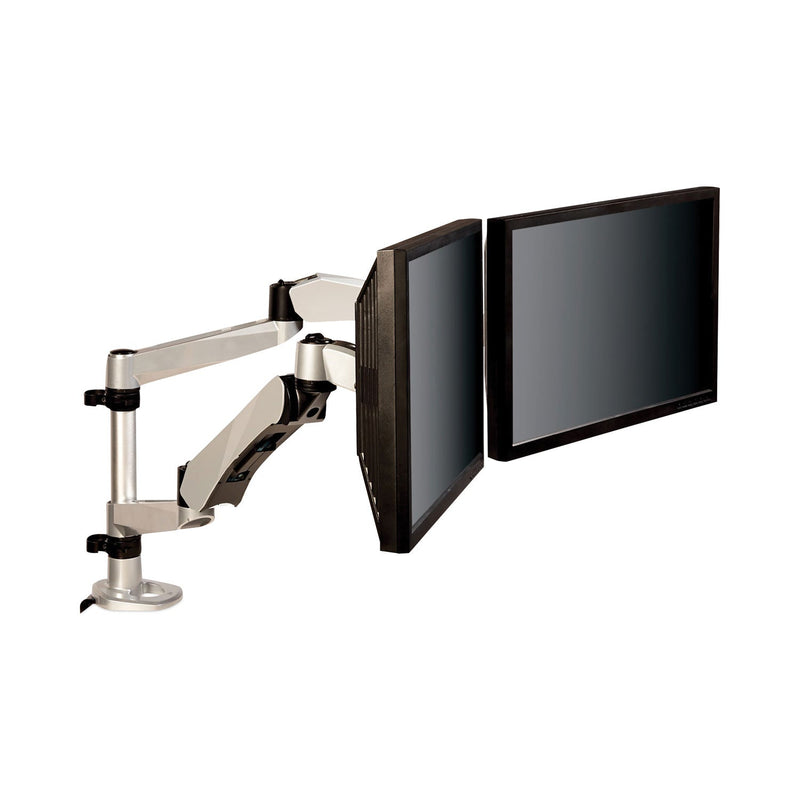 3M™ Easy-Adjust Desk Dual Arm Mount for 27" Monitors, 360 deg Rotation, +90/-15 deg Tilt, 360 deg Pan, Silver, Supports 20 lb (MMMMA265S)