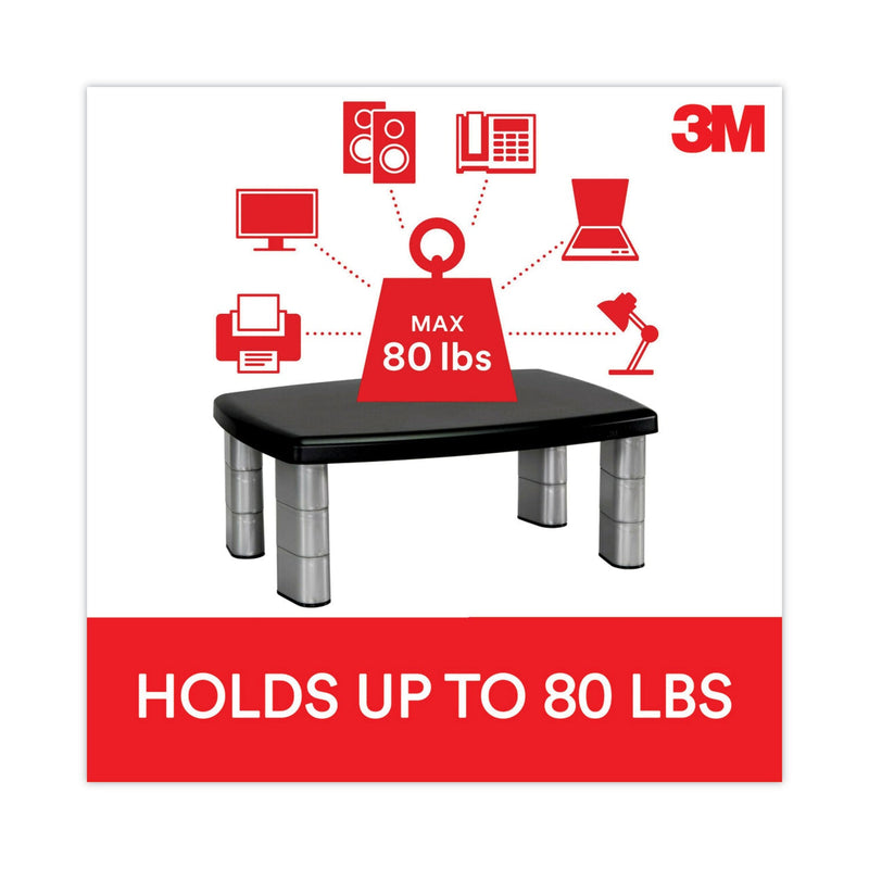 3M™ Adjustable Height Monitor Stand, 15 x 12 x 2.63 to 5.88, Black/Silver (MMMMS80B)