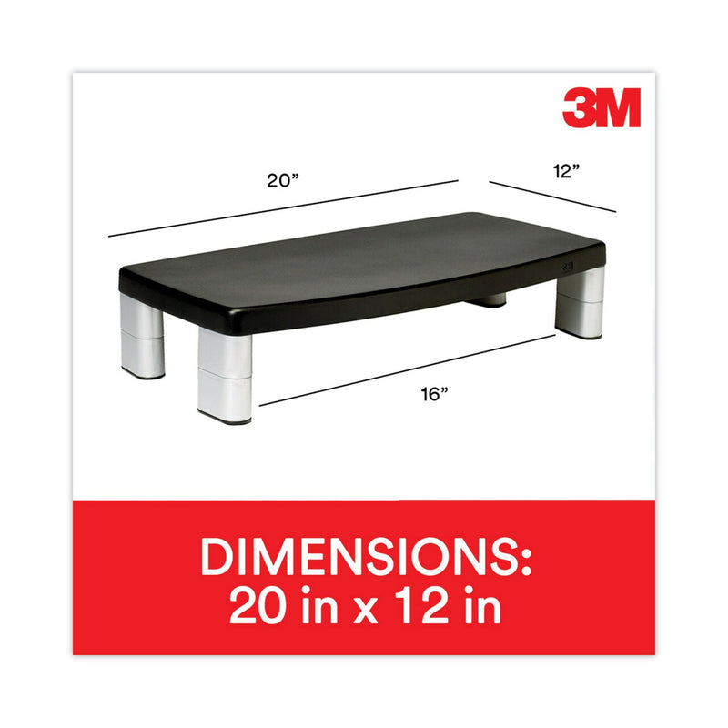 3M™ Extra-Wide Adjustable Monitor Stand, 20" x 12" x 1" to 5.78", Silver/Black, Supports 40 lbs (MMMMS90B)