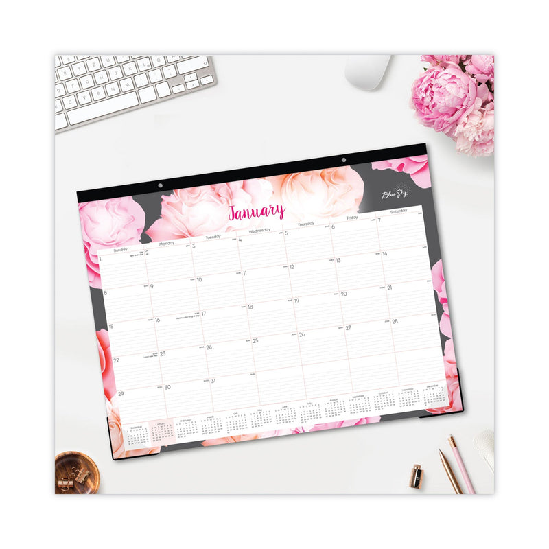 Blue Sky® Joselyn Desk Pad, Rose Artwork, 22 x 17, White/Pink/Peach Sheets, Black Binding, Clear Corners, 12-Month (Jan to Dec): 2025 (BLS102714)