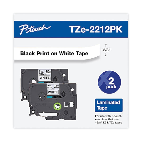 Brother TZe Standard Adhesive Laminated Labeling Tape, 0.35" x 26.2 ft, Black on White, 2/Pack (BRTTZE2212PK)