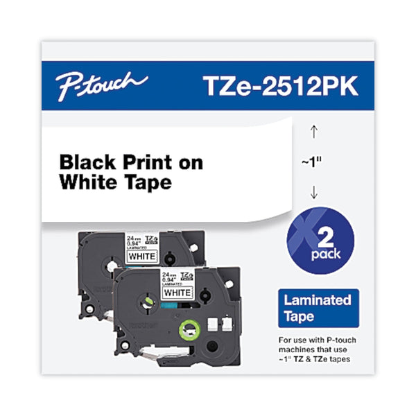 Brother TZe Standard Adhesive Laminated Labeling Tape, 0.94" x 26.2 ft, Black on White, 2/Pack (BRTTZE2512PK)