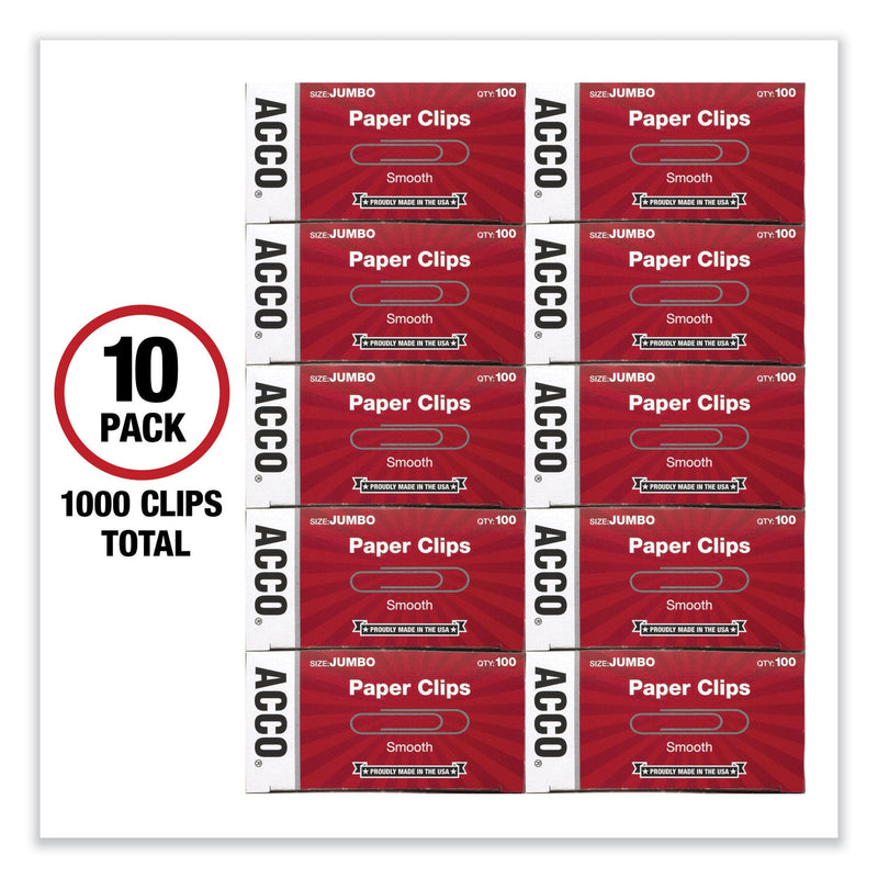 ACCO Paper Clips, Jumbo, Smooth, Silver, 100 Clips/Box, 10 Boxes/Pack (ACC72580)