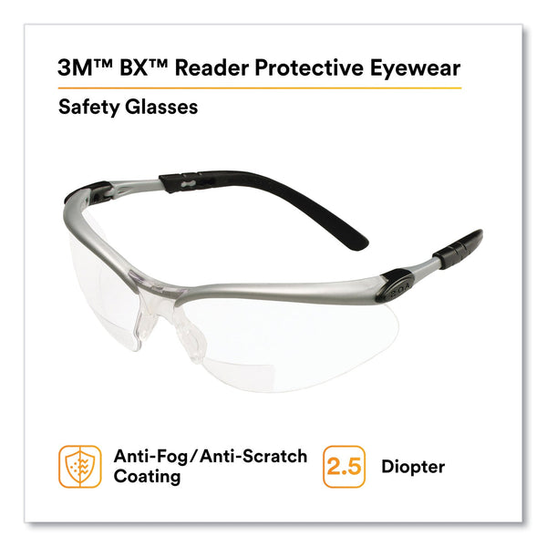 3M™ BX Molded-In Diopter Safety Glasses, +2.5 Diopter Strength, Black/Silver Plastic Frame, Clear Polycarbonate Lens (MMM1137600000)