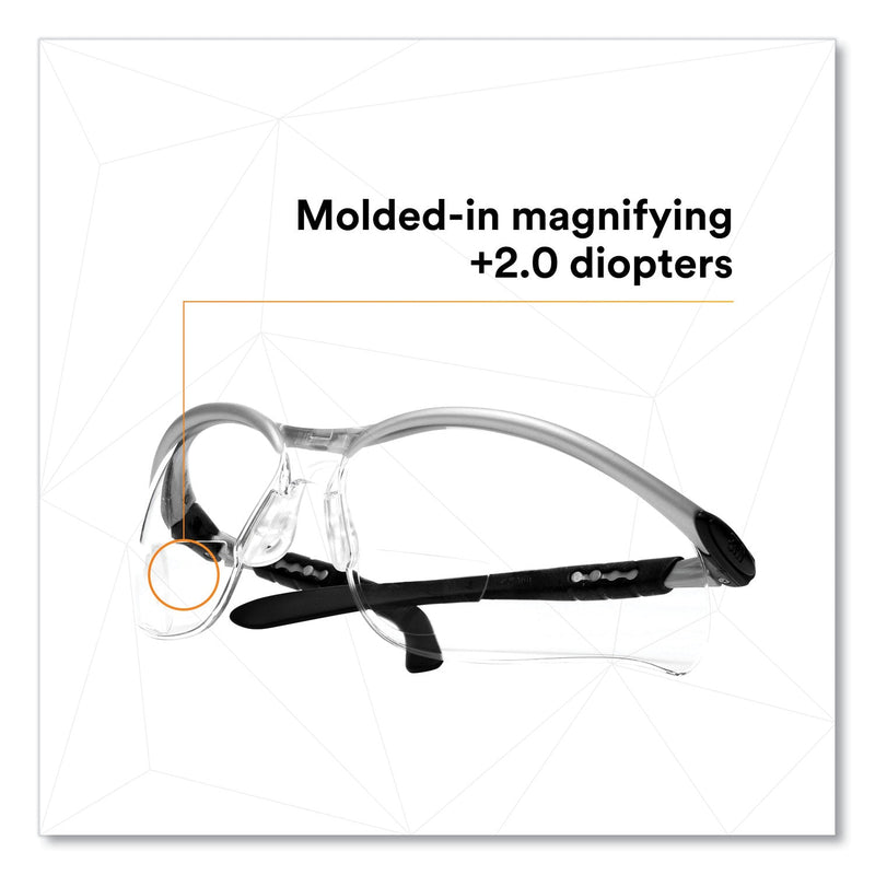 3M™ BX Molded-In Diopter Safety Glasses, +2.0 Diopter Strength, Black/Silver Plastic Frame, Clear Polycarbonate Lens (MMM1137500000)