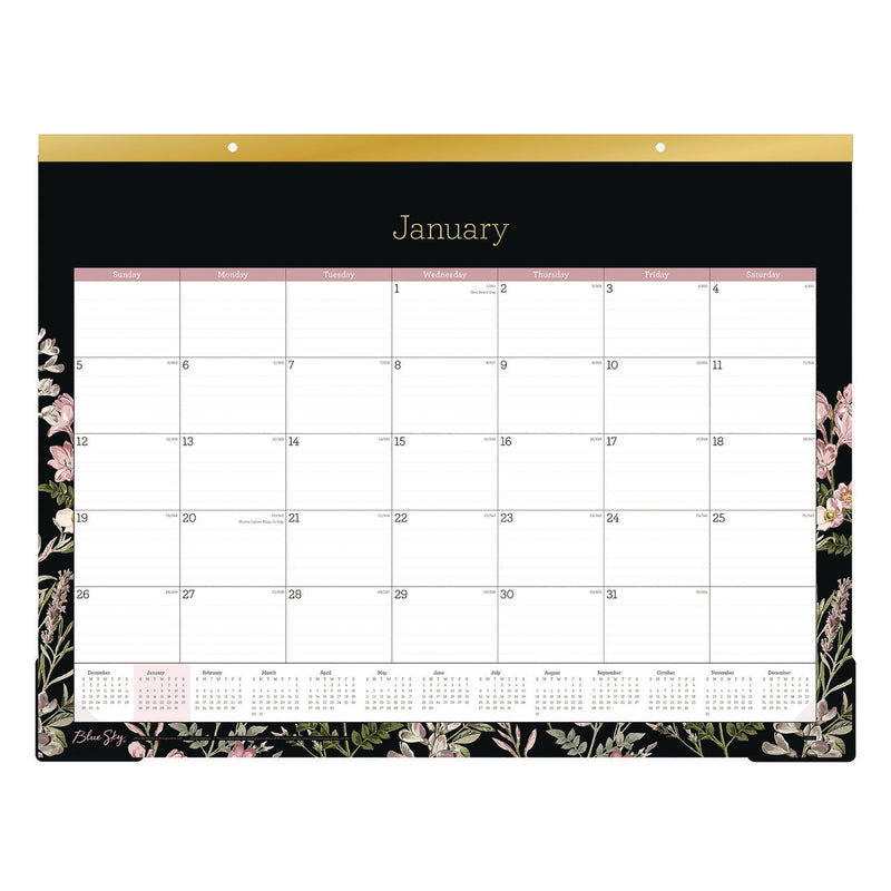 Blue Sky® Neveah Monthly Desk Pad Calendar, Floral Artwork, 22" x 17", White/Black/Pink Sheets, Gold Headband, 12-Month (Jan-Dec): 2025 (BLS148629)