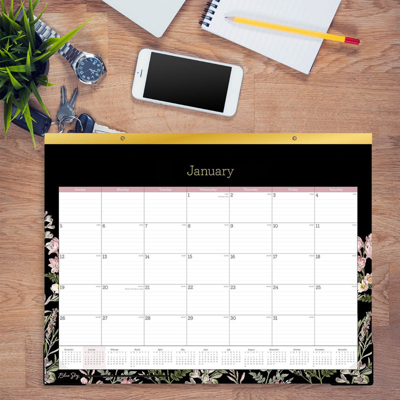 Blue Sky® Neveah Monthly Desk Pad Calendar, Floral Artwork, 22" x 17", White/Black/Pink Sheets, Gold Headband, 12-Month (Jan-Dec): 2025 (BLS148629)