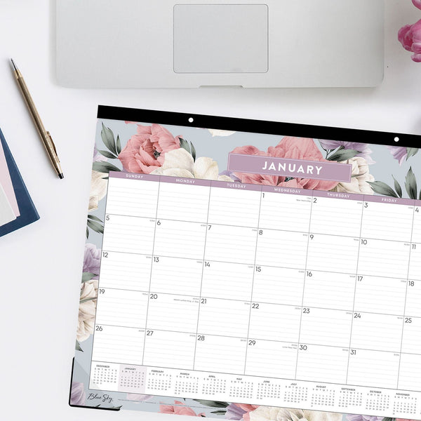 Blue Sky® Tula Monthly Desk Pad Calendar, Floral Artwork, 22" x 17", White/Purple/Pink Sheets, Black Headband, 12-Month (Jan-Dec): 2025 (BLS144086)