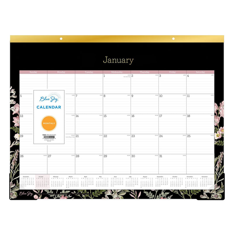Blue Sky® Neveah Monthly Desk Pad Calendar, Floral Artwork, 22" x 17", White/Black/Pink Sheets, Gold Headband, 12-Month (Jan-Dec): 2025 (BLS148629)