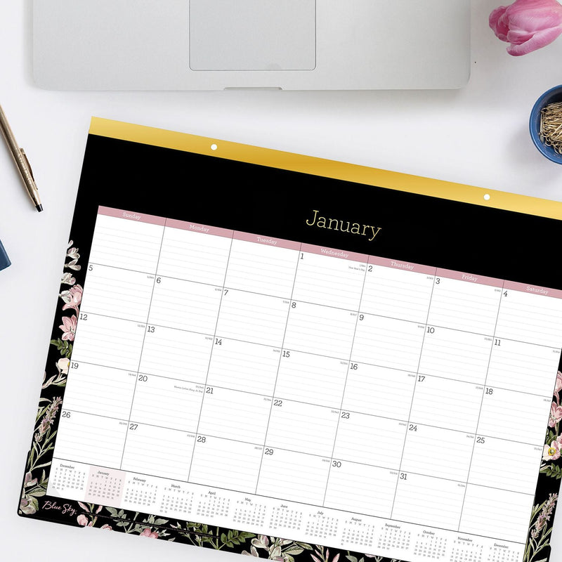 Blue Sky® Neveah Monthly Desk Pad Calendar, Floral Artwork, 22" x 17", White/Black/Pink Sheets, Gold Headband, 12-Month (Jan-Dec): 2025 (BLS148629)