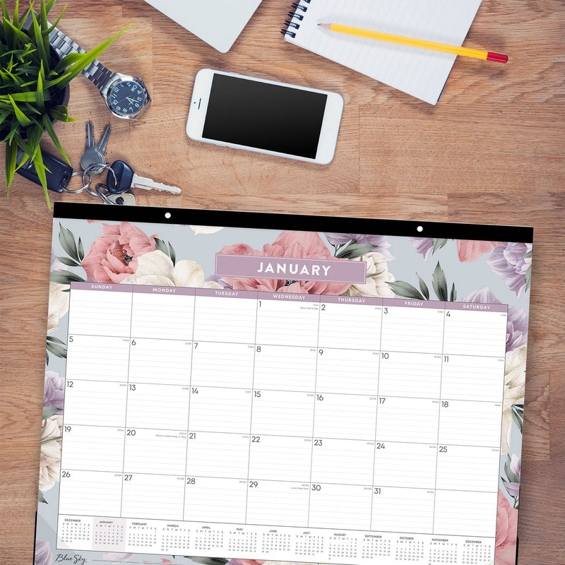 Blue Sky® Tula Monthly Desk Pad Calendar, Floral Artwork, 22" x 17", White/Purple/Pink Sheets, Black Headband, 12-Month (Jan-Dec): 2025 (BLS144086)