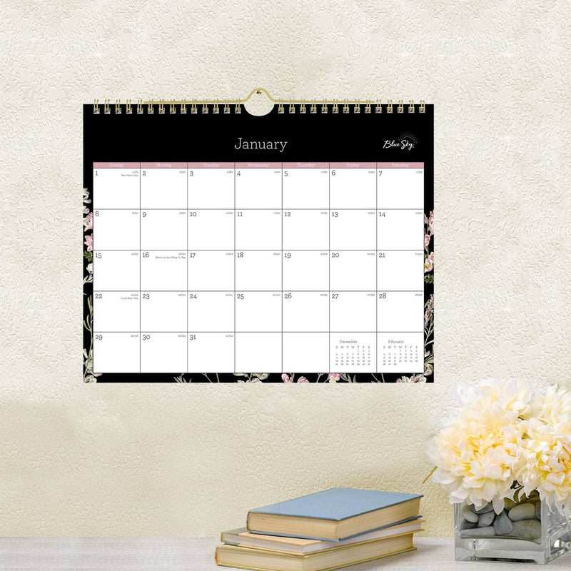 Blue Sky® Neveah Monthly Wall Calendar, Floral Artwork, 11" x 8.75", White/Black/Pink Sheets, 12-Month (Jan to Dec): 2025 (BLS139941)
