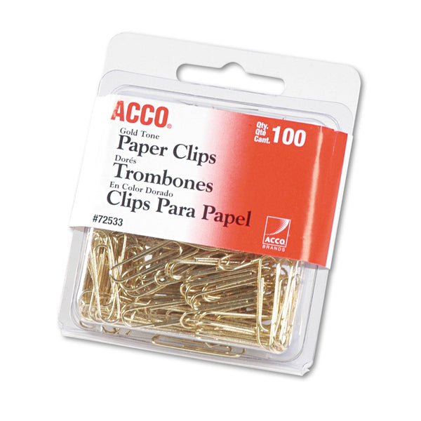 ACCO Gold Tone Paper Clips, Small (No. 2), Gold Tone, 100/Box (ACC72533)