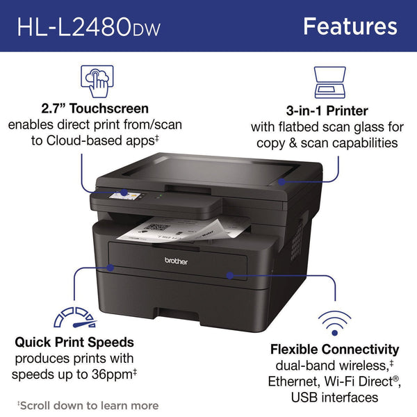 Brother Wireless HL-L2480DW Compact Monochrome Multi-Function Laser Printer, Copy/Print/Scan (BRTHLL2480DW)
