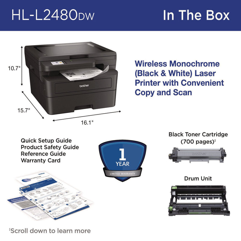 Brother Wireless HL-L2480DW Compact Monochrome Multi-Function Laser Printer, Copy/Print/Scan (BRTHLL2480DW)