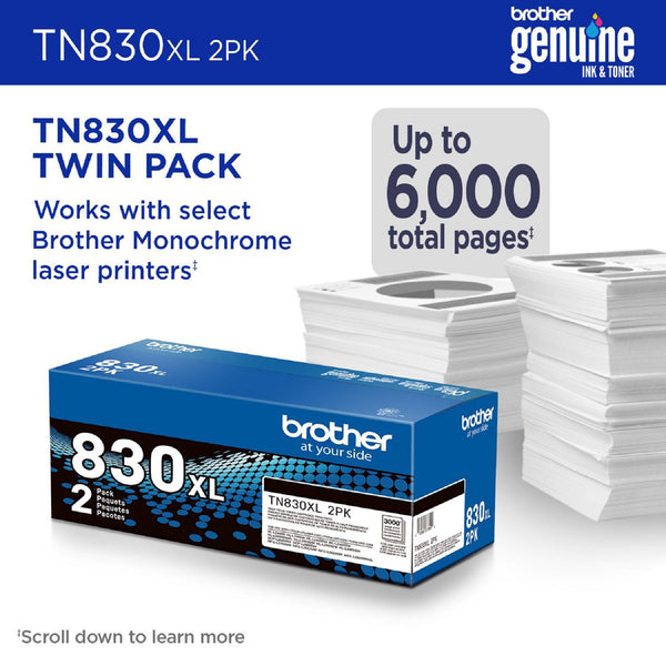 Brother TN830XL High-Yield Toner, 3,000 Page-Yield, Black, 2/Pack (BRTTN830XL2PK)
