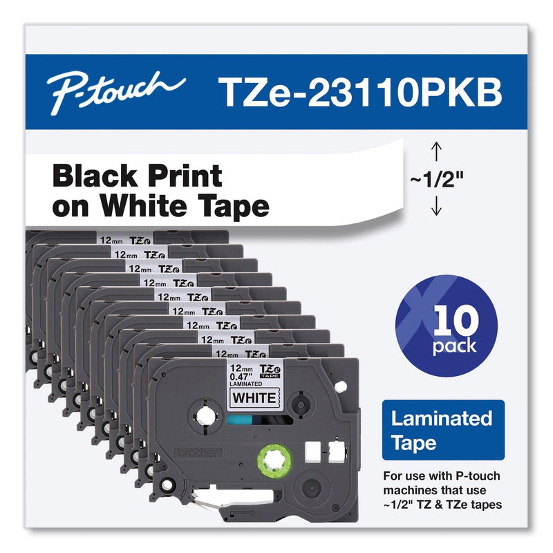Brother TZe Series Standard Adhesive Laminated Labeling Tape, 0.5", Black on White, 10/Pack (BRTTZE23110PKB)