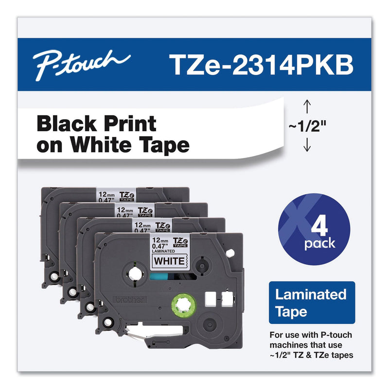 Brother TZe Series Standard Adhesive Laminated Labeling Tape, 0.5", Black on White, 4/Pack (BRTTZE2314PKB)