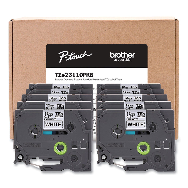 Brother TZe Series Standard Adhesive Laminated Labeling Tape, 0.5", Black on White, 10/Pack (BRTTZE23110PKB)