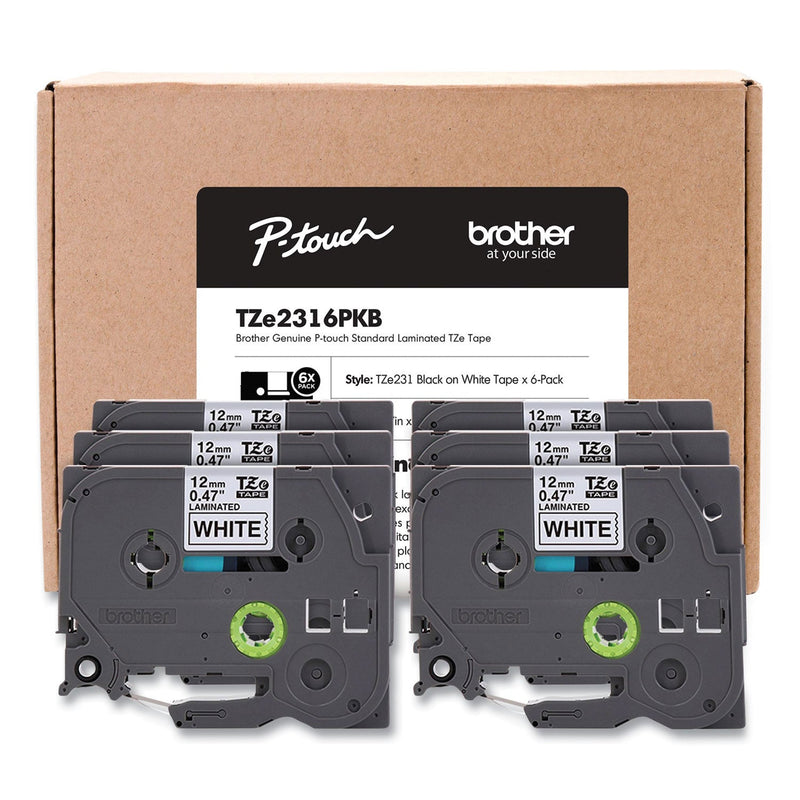 Brother TZe Series Standard Adhesive Laminated Labeling Tape, 0.5", Black on White, 6/Pack (BRTTZE2316PKB)
